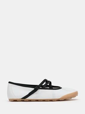 Zara White Ballet Flats with Black Strap and Tan Soles